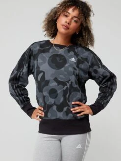 Adidas Sportswear Floral Graphic 3-stripes Fleece Sweatshirt - Black/Multi