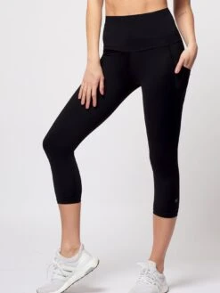 TLC Sport Performance Extra Strong Compression Cropped Leggings With Tummy Control And Side Pockets - Black