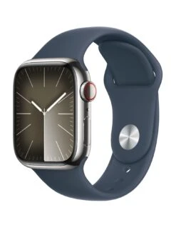 Apple Watch Series 9 (GPS + Cellular), 41mm Silver Stainless Steel Case With Storm Blue Sport Band - S/M